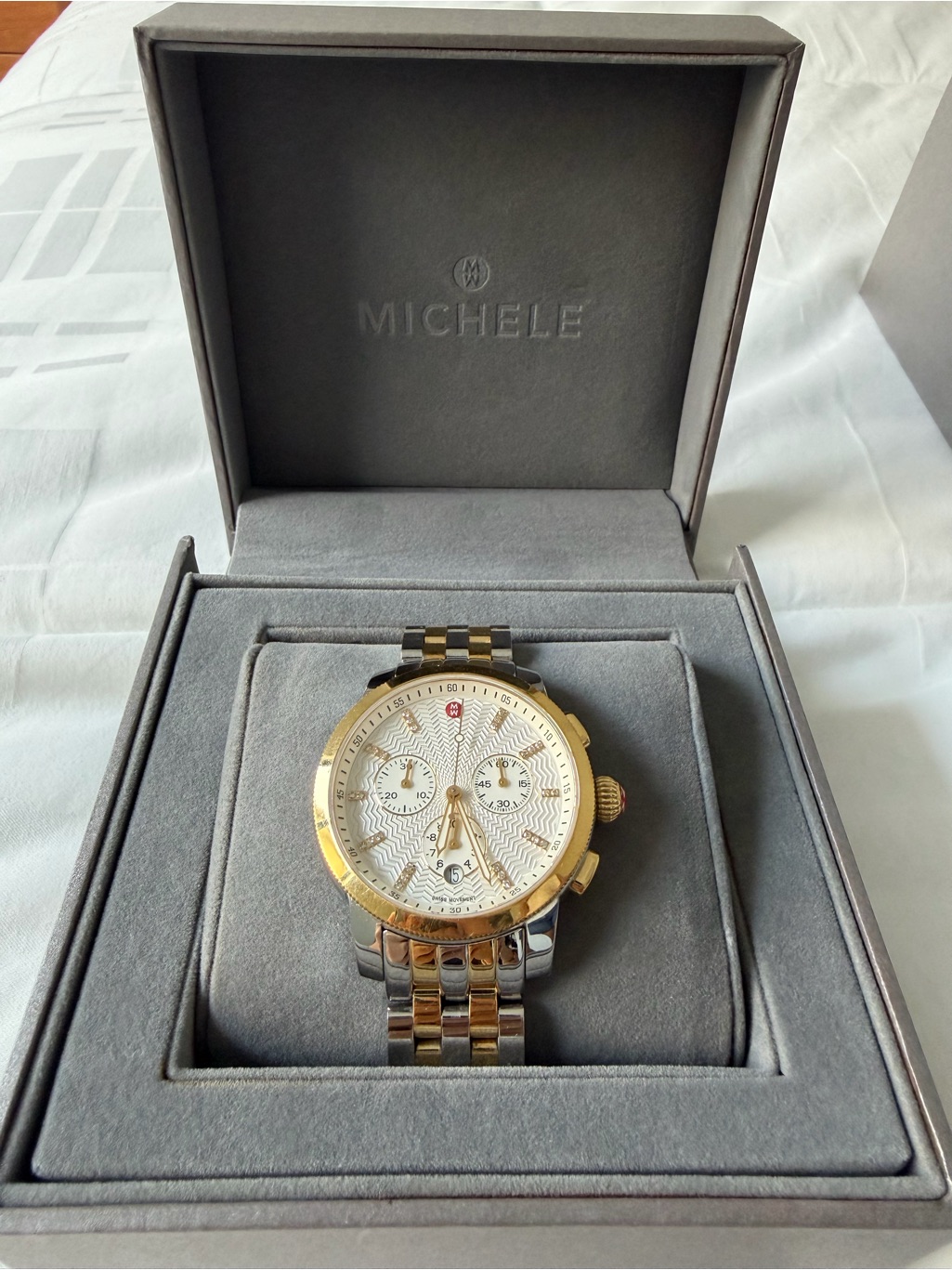 Michele Uptown Two-Tone 39mm Gold And Silver Chronograph Watch With White Dial